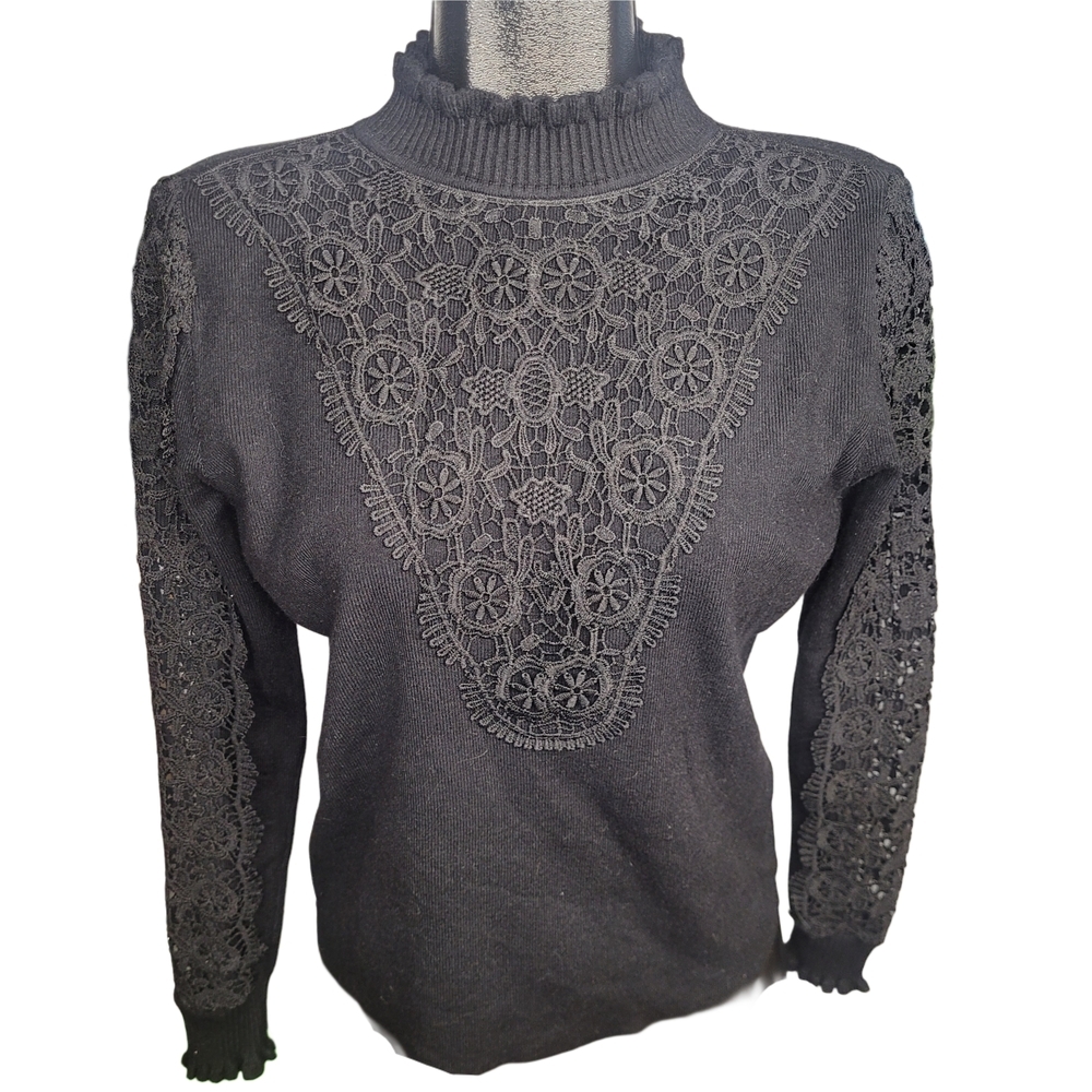 Sioni Black Lace Whimsgoth Ruffled Neckline Sweater Size L